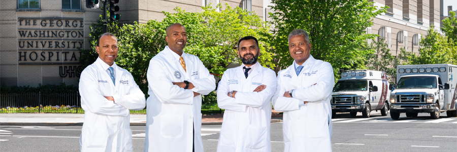 GW Liver and Pancreas Institute physicians standing in front of GW Hospital exterior