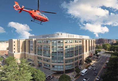 Helicopter flying over GW Hospital