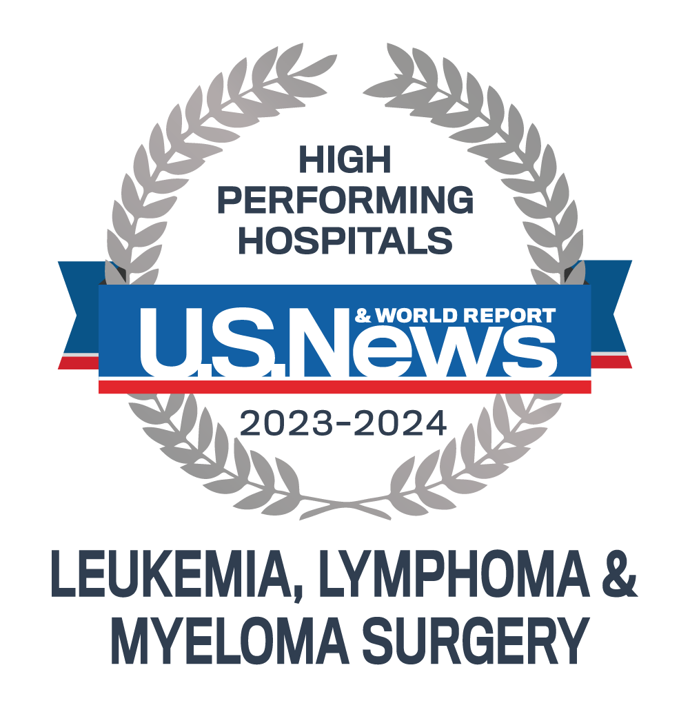 US News and World Report Hospitales de alto rendimiento 2023-24 logotipo de especialidad en leucemia, linfoma y mieloma