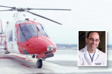 Helicopter with headshot of Dr. Sarani Helicopter with headshot of Dr. Sarani